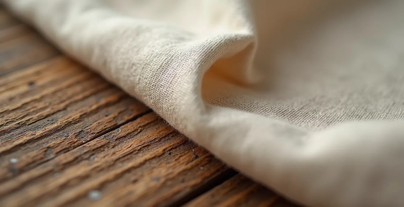 Détail macro de textures naturelles mélangées, bois et lin