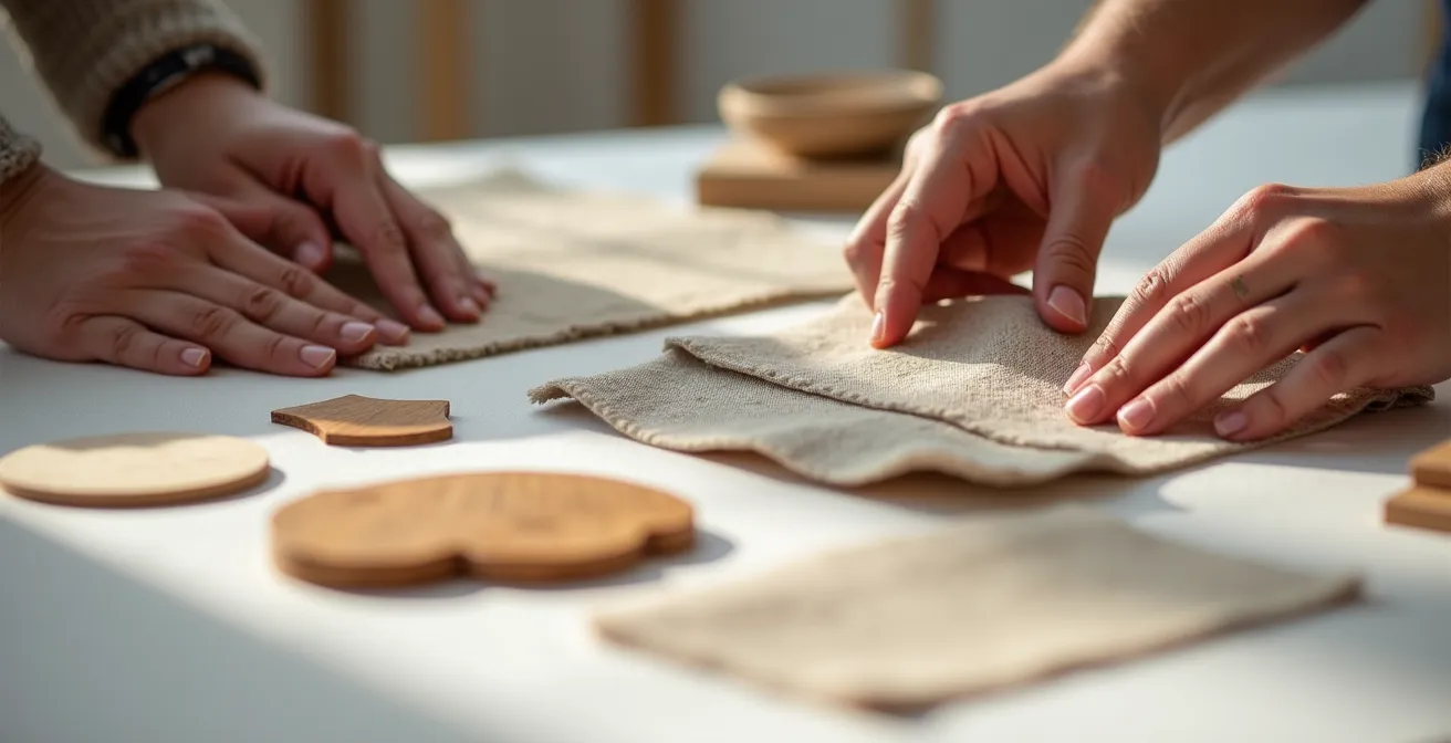 Mains créant un mood board personnel avec échantillons de matières et photos