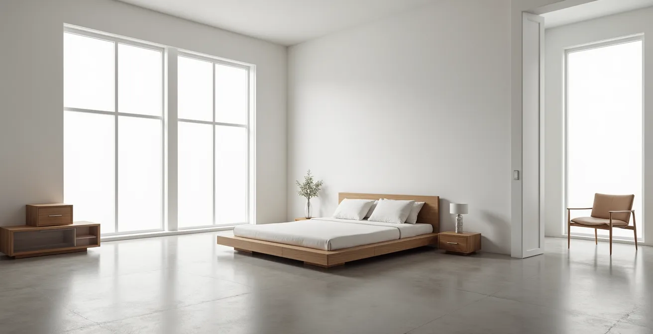 Espace showroom minimaliste avec meubles disposés harmonieusement