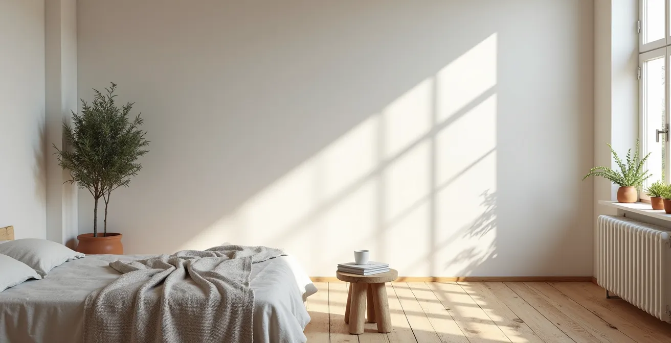 Vue large d'une chambre campagne chic épurée avec espace négatif