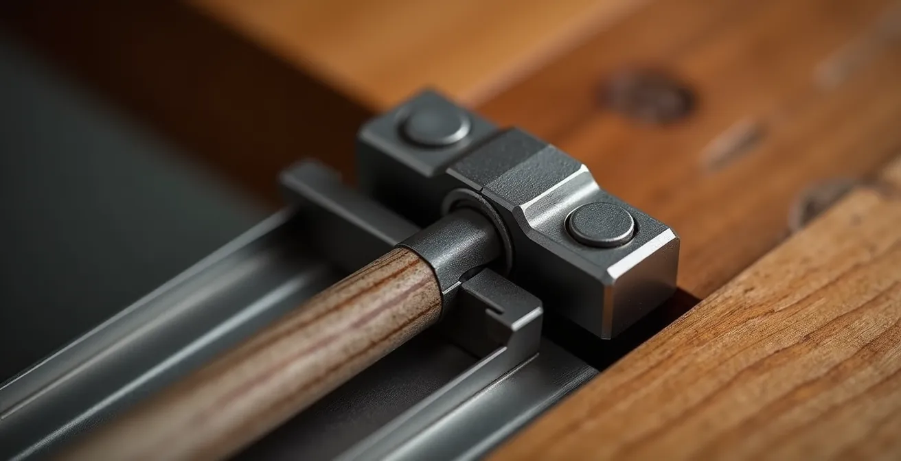 Gros plan sur le mécanisme d'extension métallique d'une table en bois