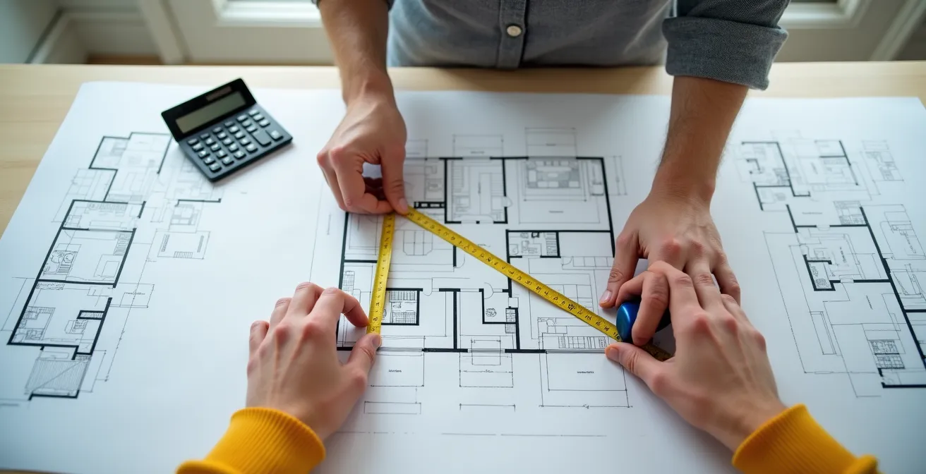Mains mesurant un plan d'appartement avec mètre ruban et calculatrice