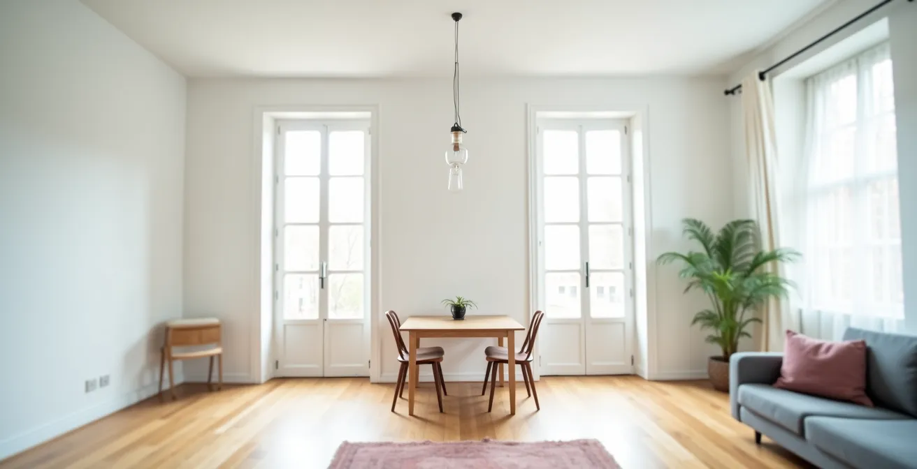 Vue aérienne d'un salon montrant les deux configurations d'une table extensible avec tracés de circulation