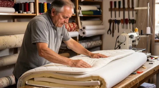 Artisan litier français ajustant le garnissage d'un matelas fabriqué en France
