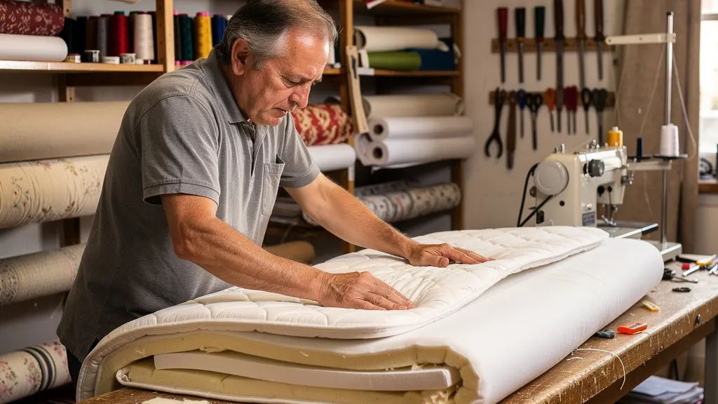 Artisan litier français ajustant le garnissage d'un matelas fabriqué en France