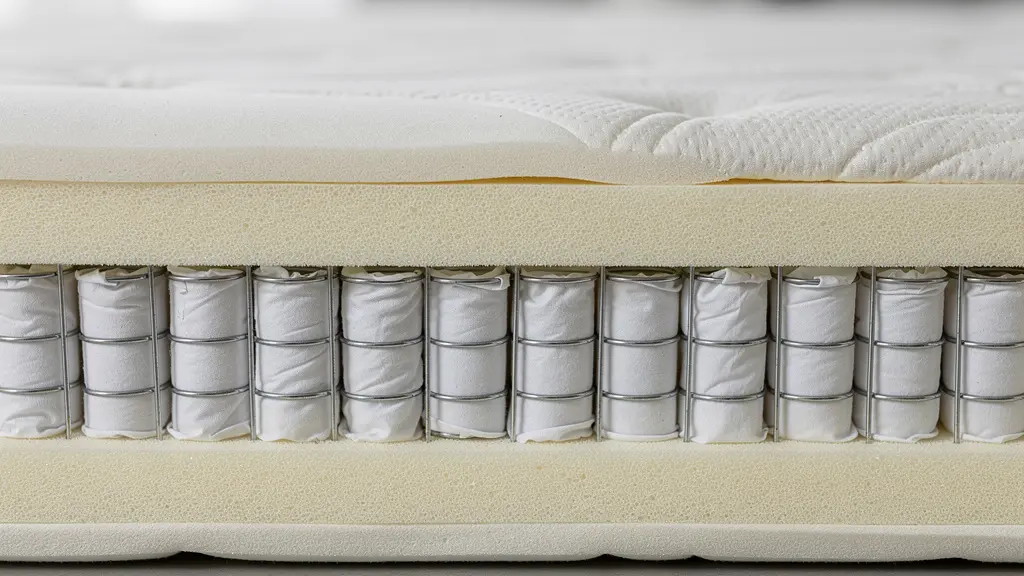Vue en coupe d'un matelas français révélant ressorts ensachés et couches de mousse haute résilience